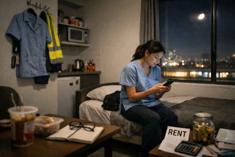 essential worker in her room