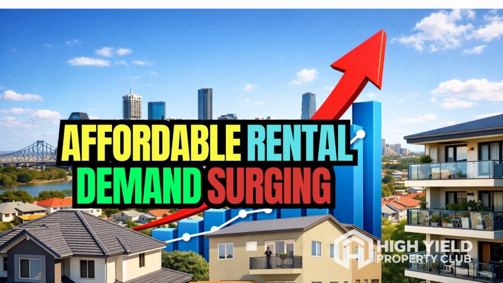 different rental properties with Brisbane cityscape as background