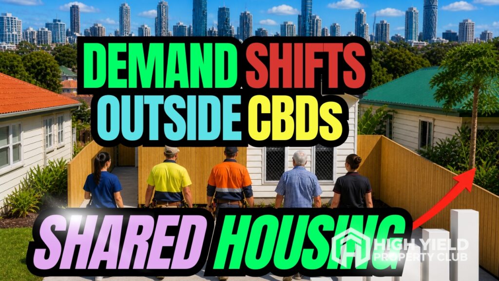 tenants of modern rooming house with Brisbane cityscape as background
