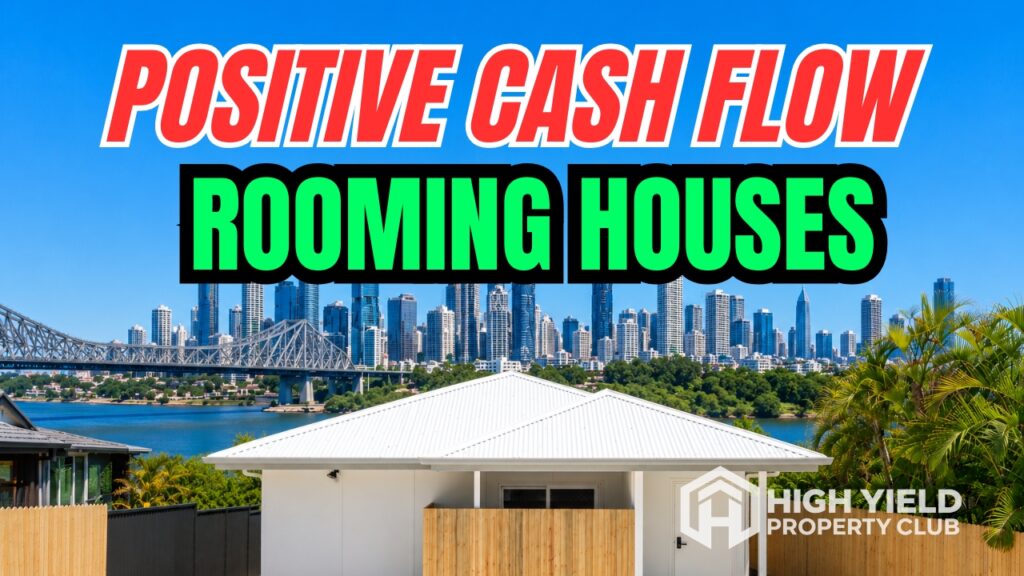 facade of a modern rooming house with Brisbane cityscape background
