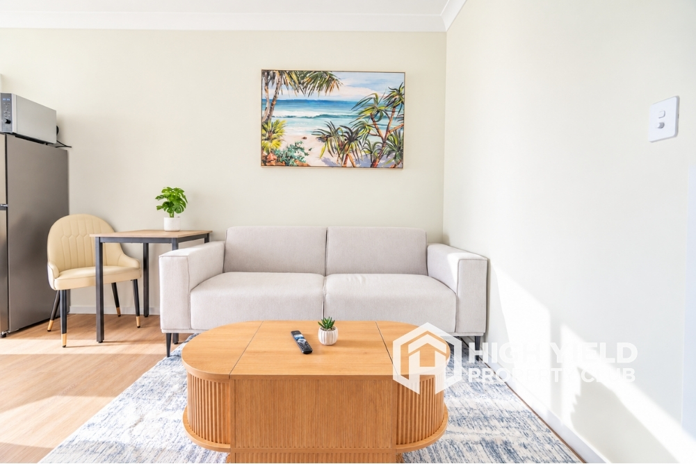 a modern rooming house lounge area