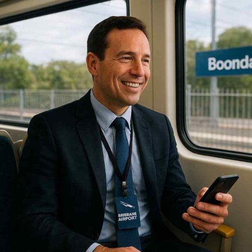 Brisbane Airport employee riding on a train from Boondall